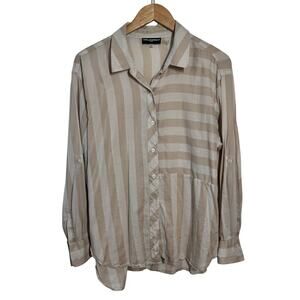Karl Lagerfeld Minimal Stripe Button Up Shirt Blouse Women L Tan White Coastal
